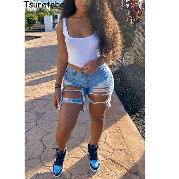

tsuretobe ripped jean summer high waist denim tassel cut up for women fashion distressed shorts 210324, White;black