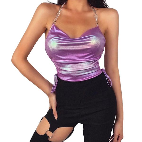 

women's tanks & camis sleeveless v-neck imitation pu sling slimming pleated drawstrings hollow twist chain party ladies shirts, White