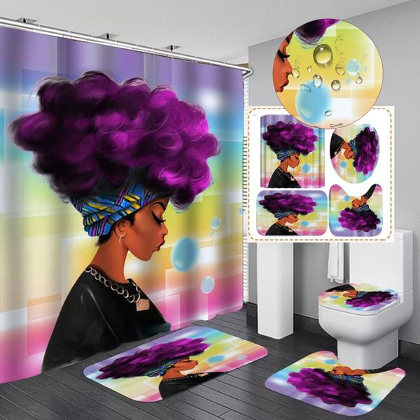 

black american women print shower curtain polyester bathroom screen african girl bathing mat set soft rugs modern home decor curtains