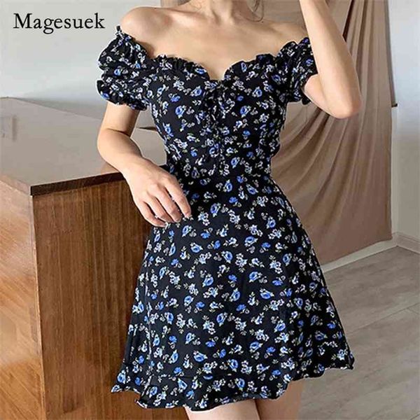 

korean summer floral mini dress women blue print off shoulder vintage puff sleeve woman es vestidos 14586 210512, Black;gray