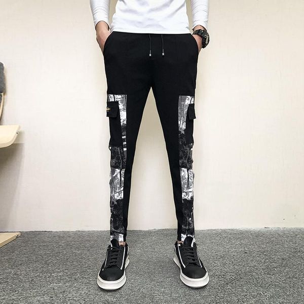 

men's pants 2021 spring summer men fashion korean slim fit mens casual patchwork design all match streetwear trousers 34, Black
