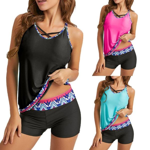 

women's swimwear women plus size print strappy back tankini set ladies two piece swimsuits swimdress swimming suits for, White;black