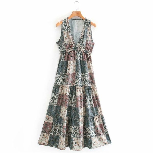 

summer women vintage dress print v-neck sleeveless spliced es female elegant loose fashion clothing vestidos 210513, Black;gray