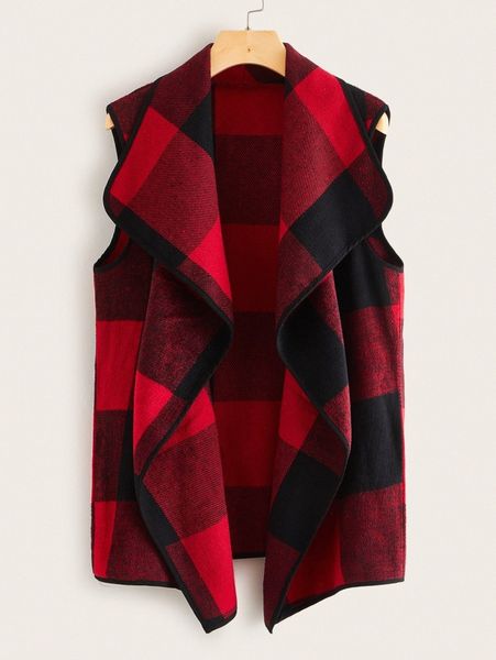 

waterfall collar buffalo plaid vest coat k2du#, Black
