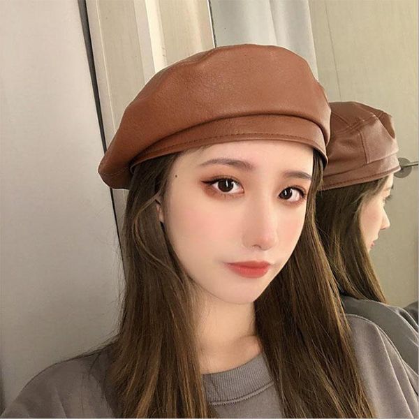 

beanies women fashion solid beret cap pu leather artist warm beanie hat female ladies all-match adjustable