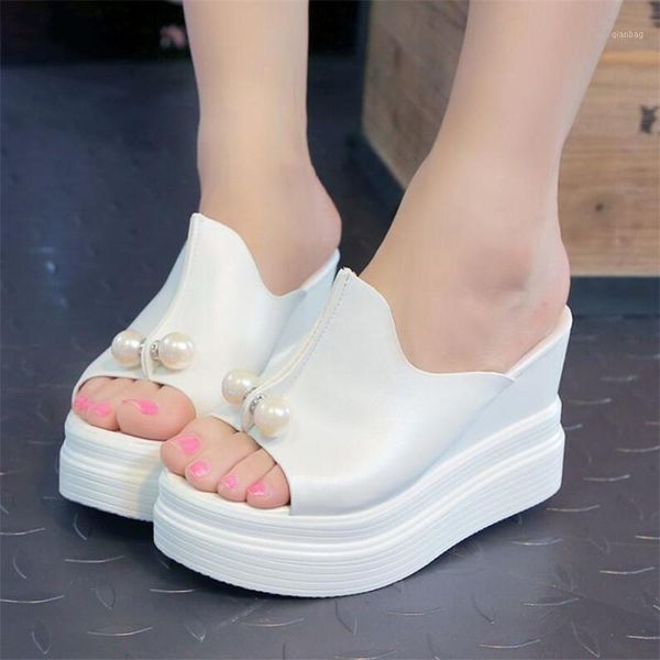 

women summer sandals thick heel platform wedges beading slippers sandalias slides white black high shoes1
