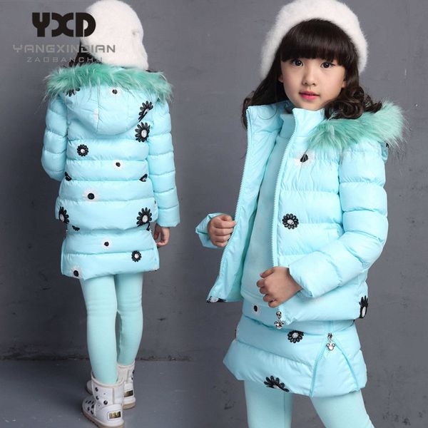 Çocuklar Giyim Set Büyük Kızlar Için Kış 2021 Yeni Pamuk-Yastıklı Kapşonlu Yelek Kazak Etek Pantolon 3 adet Sıcak Çocuk Takım Elbise