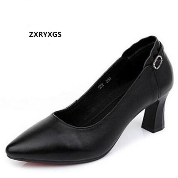 

dress shoes 2021 autumn single female thick with high heels pointed shallow mouth genuine leather size 32-40 women pumps, Black
