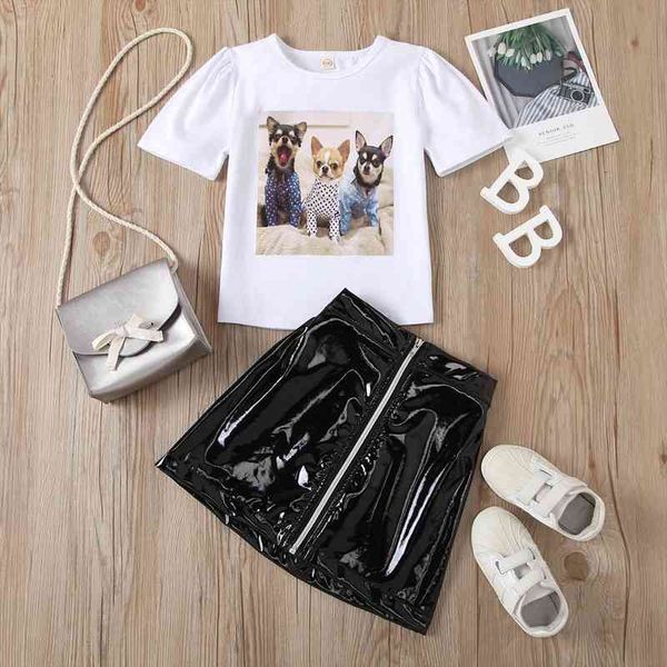 

1-6y fashion kids girls 2pcs clothes sets cartoon print short sleeve t shirts pu leather zipper a-line skirts, White