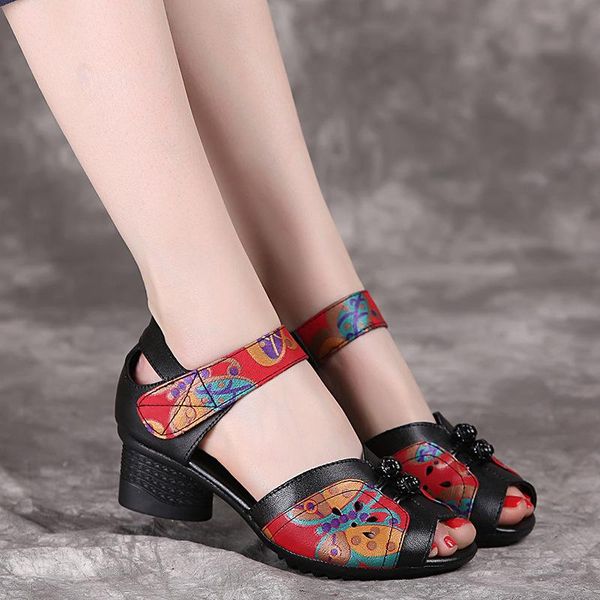 

summer china style fashion genuine leather floral breathable hollow sewing peep toe women sandals flowers lady shoes, Black