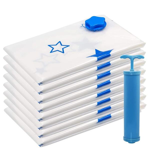 

vacuum storage bags 8 pack (jumbo 40 inch x 30 inch) space saver with hand pump reusable clothing