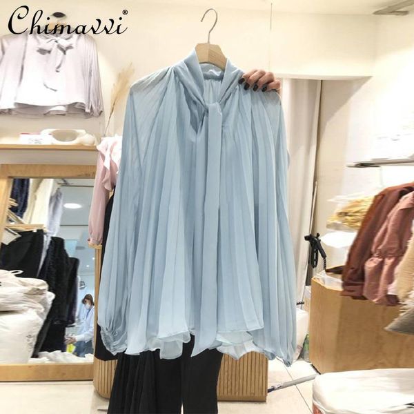 

women's blouses & shirts early autumn long sleeve pleated shirt for women 2021 retro blue casual ruched female loose korean style, White