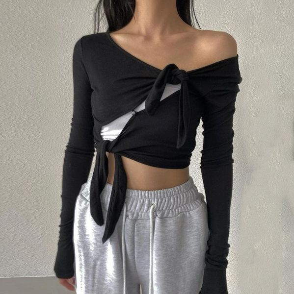 

women's t-shirt autumn elegant solid color round neck pullover long sleeve strap crop casual clothing, White