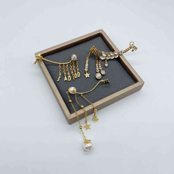 

special offer 2021 luxury designer jewelry family's new advanced english letter tassel earrings asymmetric long temperament ear clip ea, Golden;silver