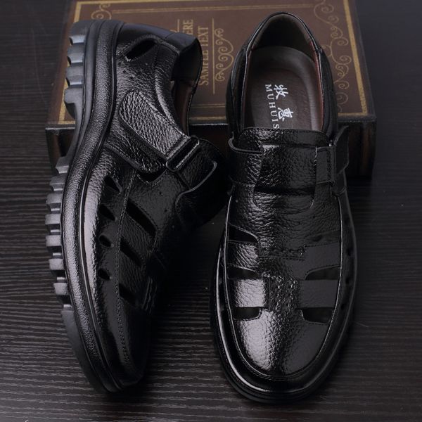 

dress shoes summer men casual hollow leather man flats breathable hook & loop male footwear sandals for middle-aged v, Black