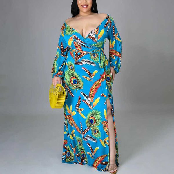 

plus size long sleeve v neck peacock printed slit maxi dress 210702, Black;gray