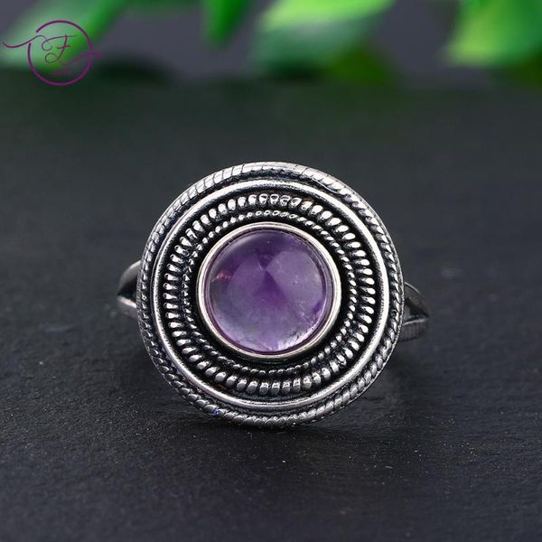 

cluster rings 925 sterling silver ring round 8mm natural amethyst for women vintage simple fine jewelry gift finger, Golden;silver