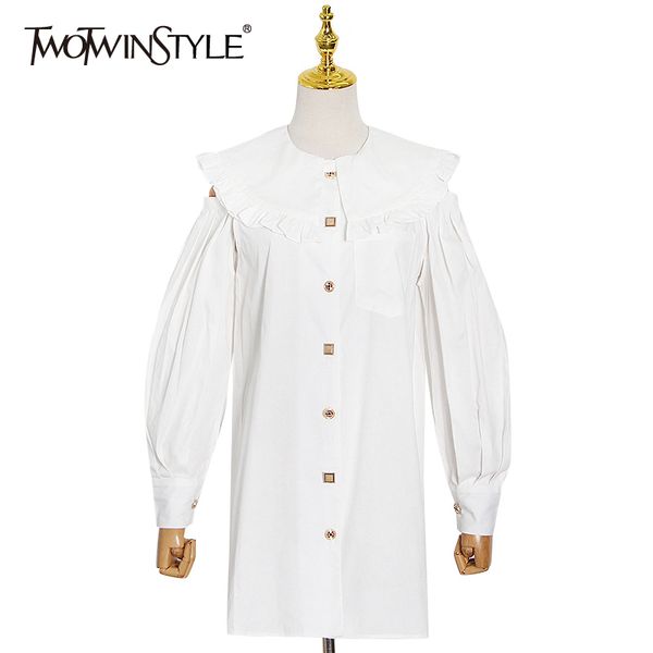 

twotwinstyle white patchwork button shirt for women o neck lantern sleeve casual minimalist blouse female fashion stylish 210517