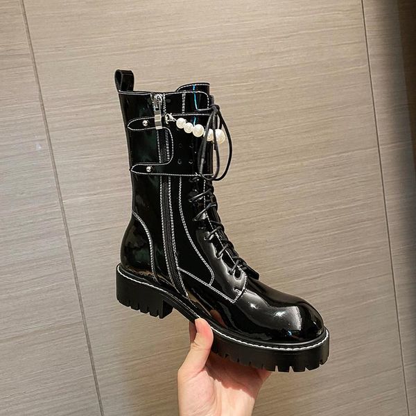 

boots ins women ankle natural leather 22-25cm autumn and winter cow patent pearl chain womens shoes goth, Black