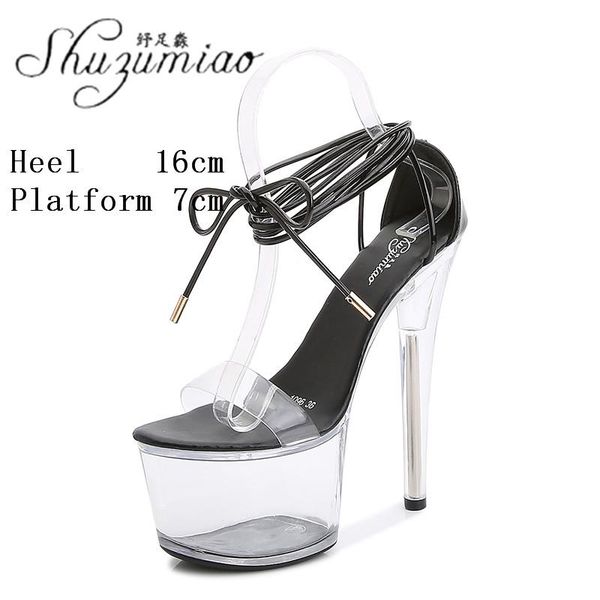

dress shoes model crystal show roman ankle strap 16cm transparent platform super high heel sandals women rhinestone catwalk clear, Black