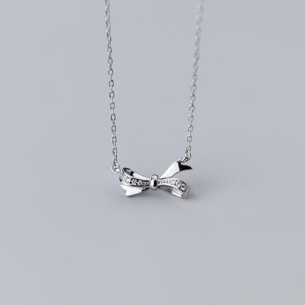 

sterling silverr cubic zirconia inlaid bow-shaped pendant necklace 44cm clavicle chain jewelry gift for women lady daughter necklaces, Silver