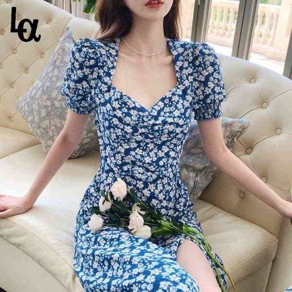 

dress women short sleeve midi maxi retro printing side-slit skinny elegant chiffon holiday chic french 210519, Black;gray