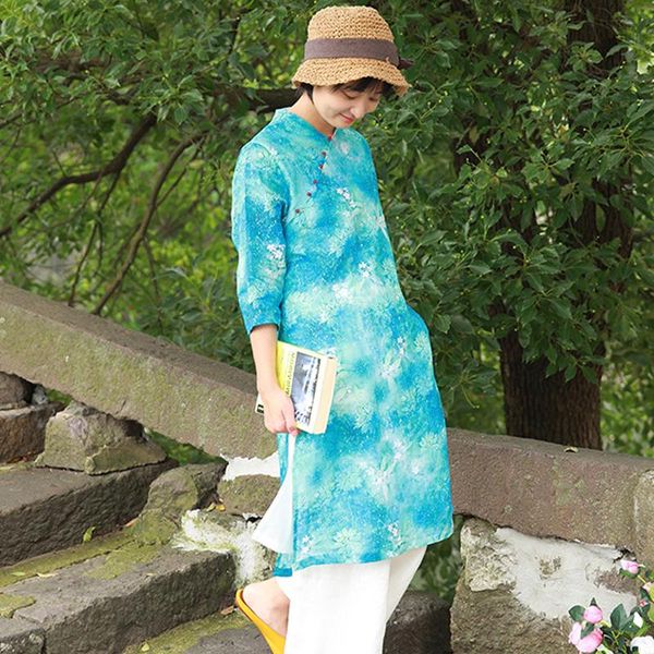

casual dresses fairynatural ladies chinese style print floral ramie dress 2021 summer women v-neck vintage loose, Black;gray