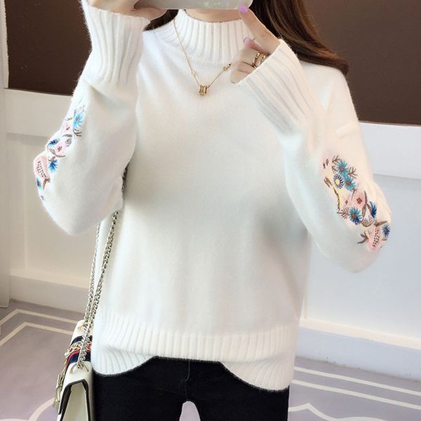 

women's sweaters fashion embroidered long sleeve women half high neck pullover knitted woman loose casual bottoming j7rg, White;black