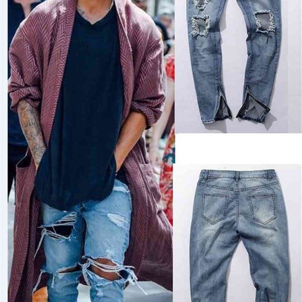 

jean fashion jeans men's straight fit locomotive big hole pants small leg, Blue