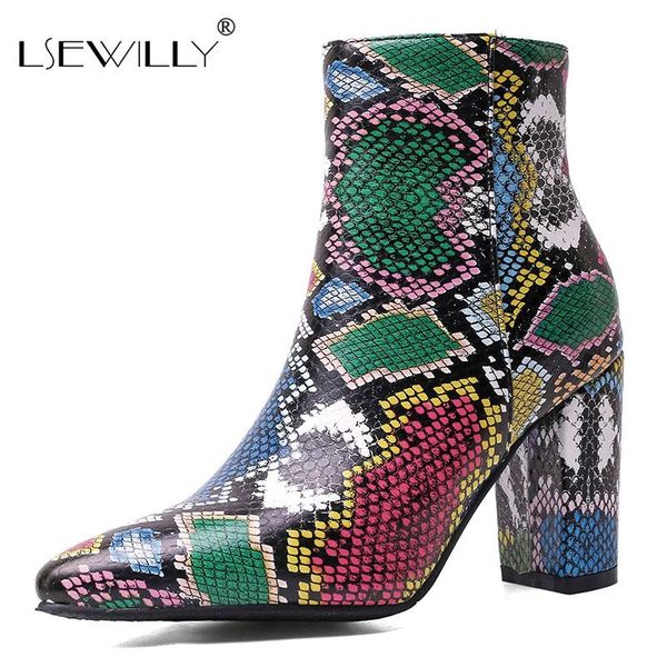 

boots lsewilly2021 square high heel fashion ankle snakeskin pu leather women shoes pointed toe zipper ladies pumps big size 46, Black