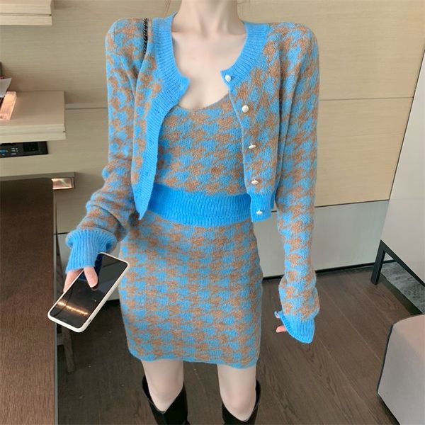 

sweet korean chess 3 female parts the single-breasted neck long sleeve loose sweater with short waistband vest three pieces skirt 97ol, Black