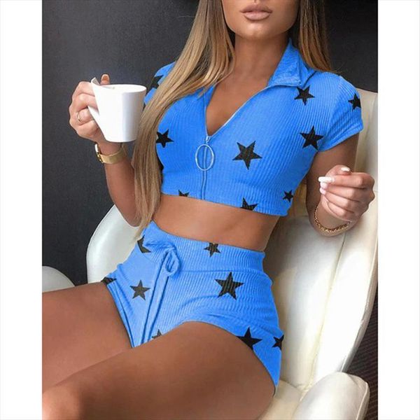 

fashion sportswear summer star women tracksuits print lapel suit two piece shorts home wear clothes for, Gray