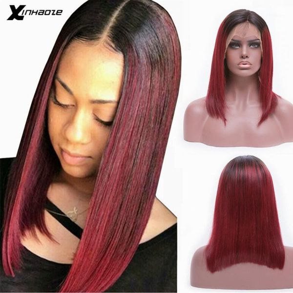 

13Ã6 short human hair bob wig 1b 99j ombre burgundy black roots remy brazilian lace front with baby1, Black;brown