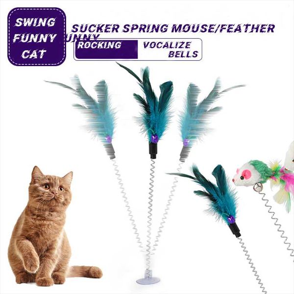 

cat toys 1pc spring pet toy elastic with bell color mouse and feather bottom sucker product accessories decoration