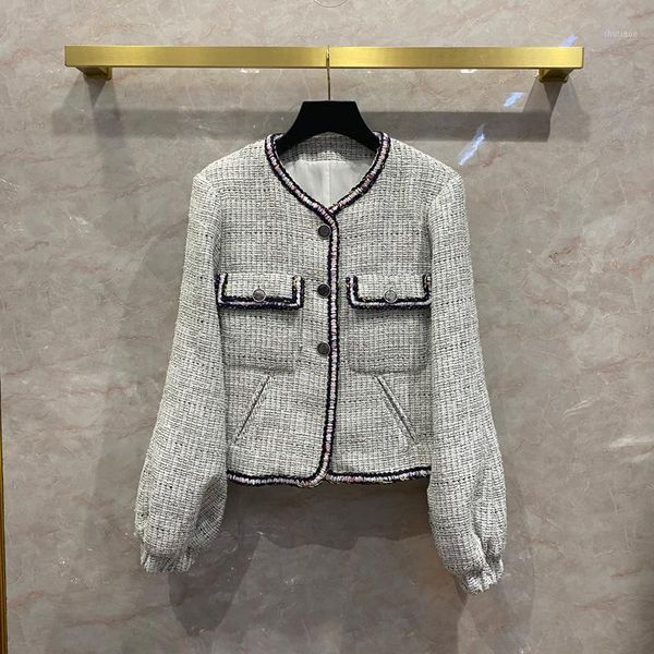 

europe fashion women's designer 100%silk lining lantern sleeves o-neck plaid tweed coat c833 wool & blends, Black