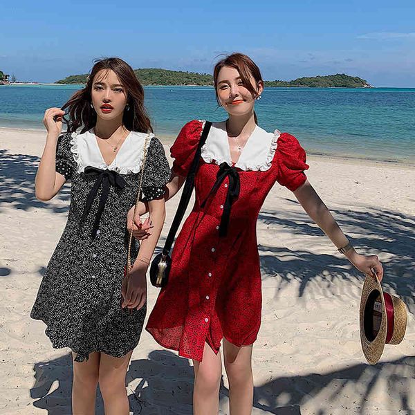 

dress women chiffon black cute summer hit peter pan collar ruffles bow short puff sleeve mini, Black;gray