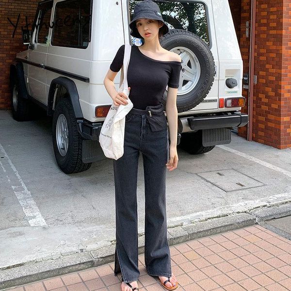 

women's jeans vintage streetwear black woman side split bell bottom straight plus size women denim dense pants quality, Blue