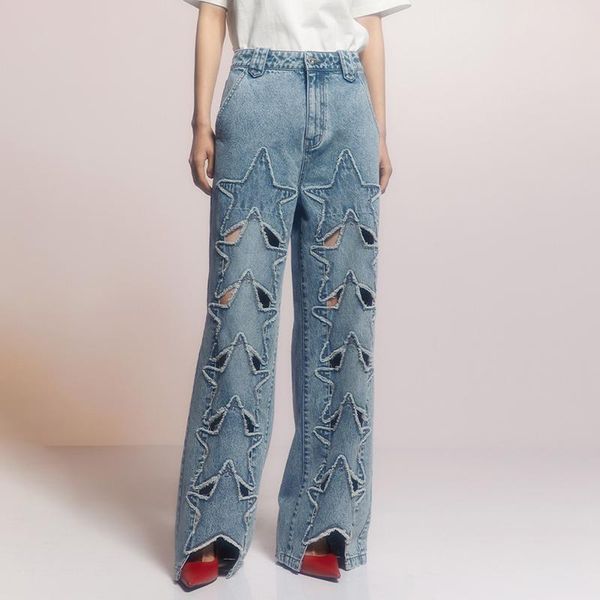 

women's jeans 2021 summer streetwear fashion five-pointed star hollow out straight trousers high waist wide leg denim, Blue