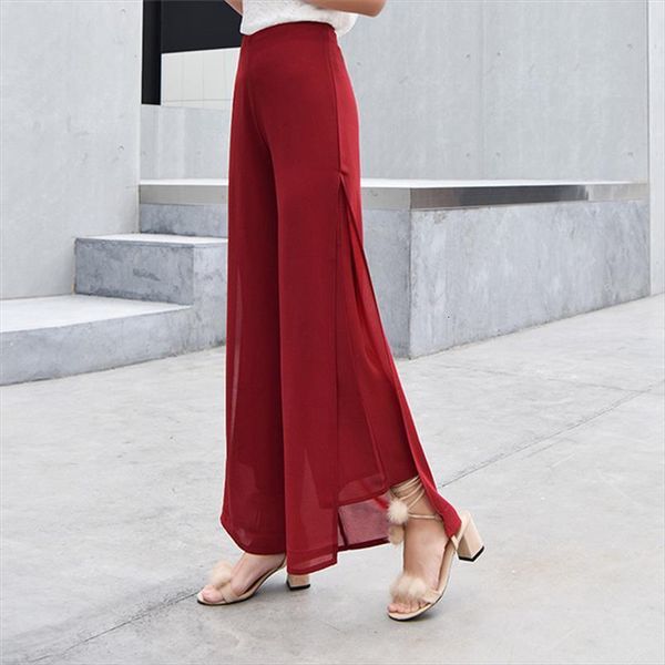 

fashion chiffon wide legged women capri casual loose trousers thin fake two piece high waist slits beach, Black;white