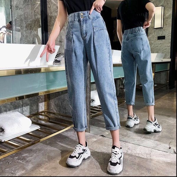 

elastic high women jeans waist woman boyfriend plus size korean vintage oversized mom oversize trousers blue pant