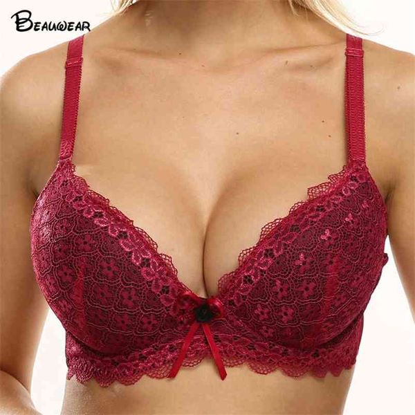

beauwear women add 2 cup for b c cup bra big boobs women underwear padded up lift breast underwire ladies bow brassiere bra 210728, Red;black