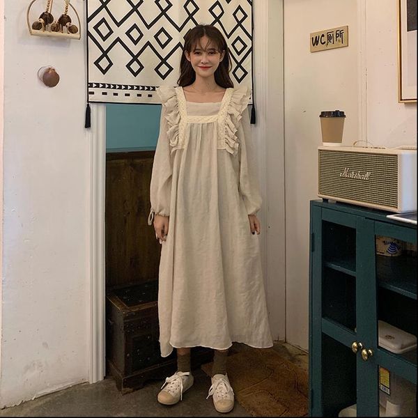 

women autumn dress long sleeve vintage ladies lace ruffle square collar straight maxi dresses loose plus size vestido, Black;gray