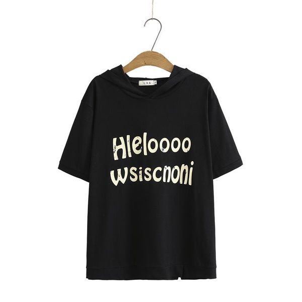 

women's t-shirt plus size xl-4xl letter printed hooded tshirts casual short sleeve oversized loose tee, White