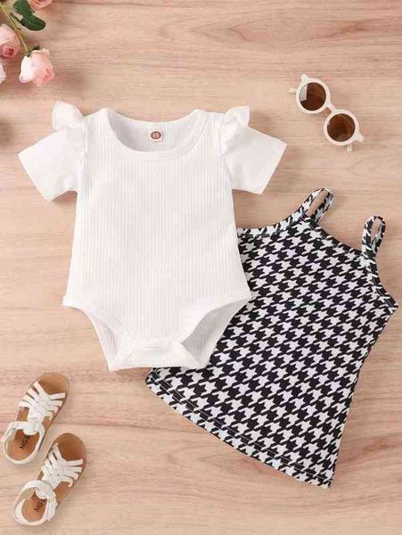 

baby ruffle trim bodysuit & houndstooth cami dress she, White