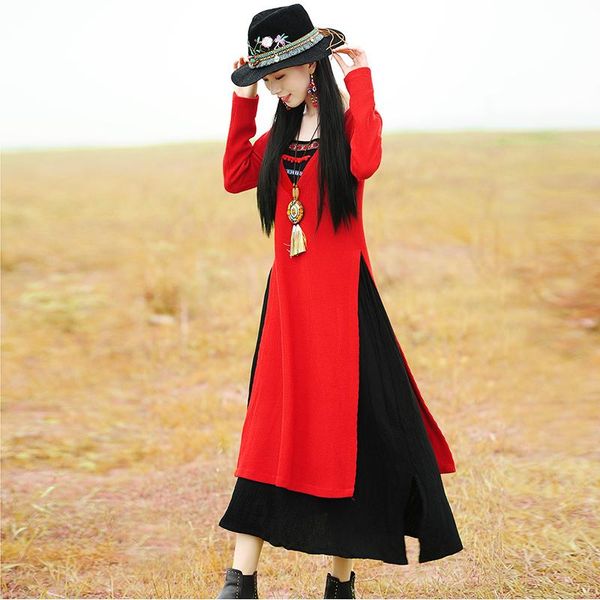 

cotton and linen dress knitted improved cheongsam literary retro style thick high-end autumn winter women's clothing casual dresses, Black;gray