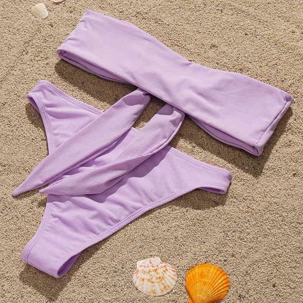 

2021 bandeau knotted women swimwear female swimsuit two-pieces bikini set ribbed bather bathing suit swim ladyby a