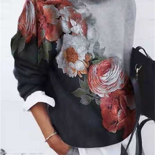 

tees women's t-shirt 2021 floral print crew neck long sleeve t-shirt, White