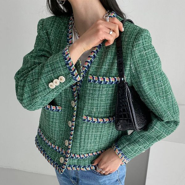 

korean chic french v-neck woven binding design single breasted loose long sleeve tweed short coat women, Black