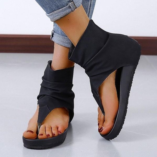 

dress shoes ladies flat sandals clip toe pu leather gladiator summer female flip flop zipper plus size casual woman wedge sandal, Black