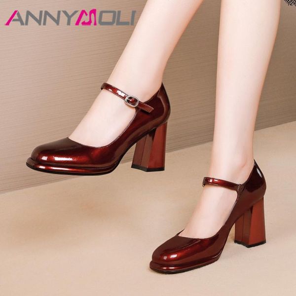 

dress shoes annymoli high heels women natural genuine leather chunky heel party patent buckle pumps lady size 34-40, Black